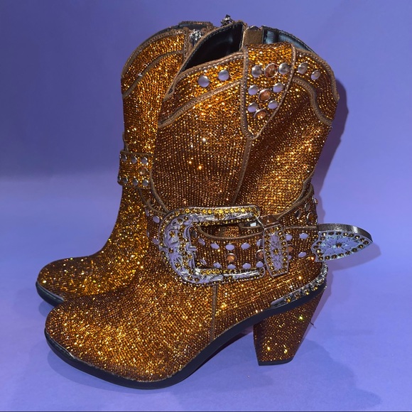 Dark orange/light brown rhinestone cowboy boots. - Picture 3 of 8